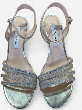 Silver Metallic Glitter & Rhinestone Strappy Evening Sandals - Size 6.5